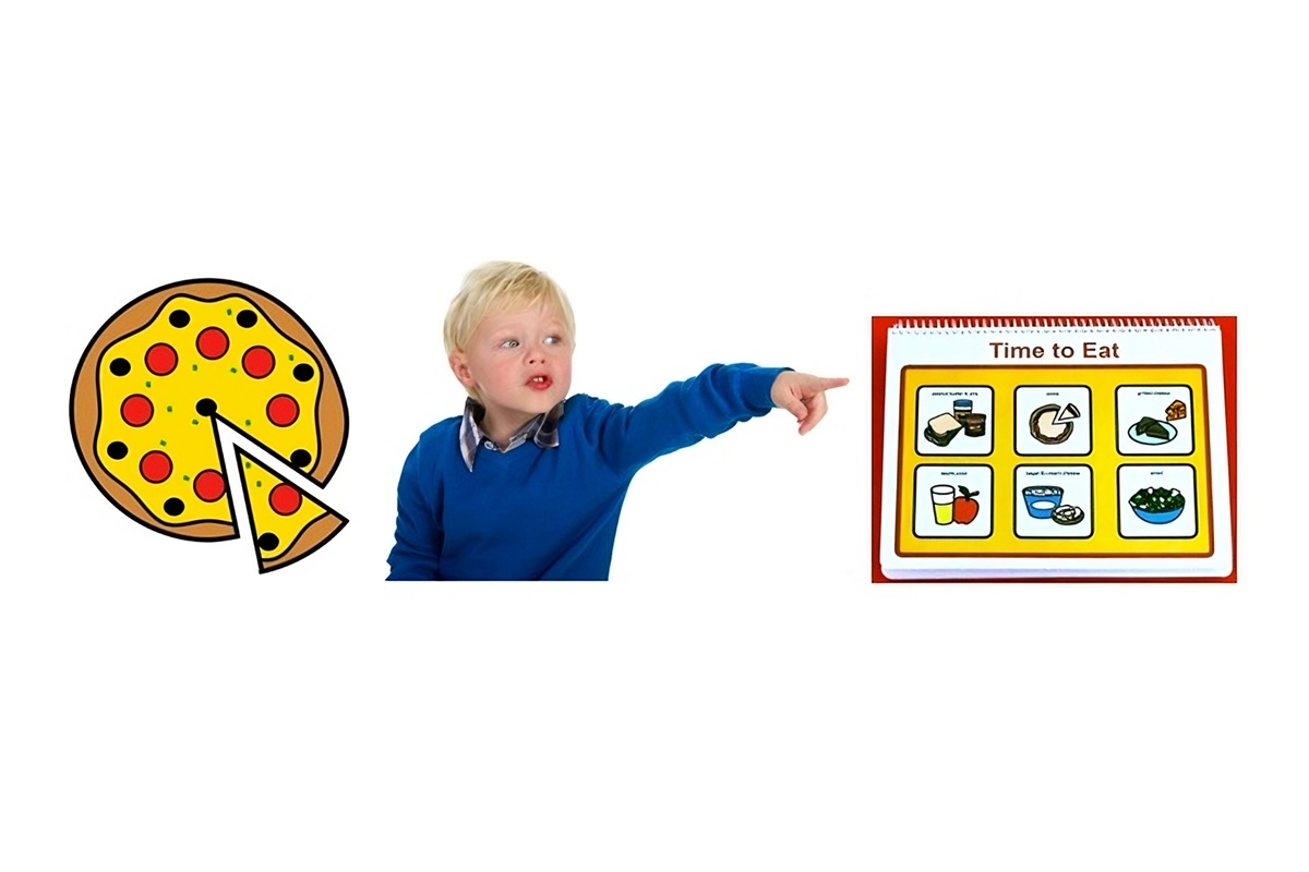 Illustration of pizza next to photo of boy pointing to chart of various foods title Time to Eat