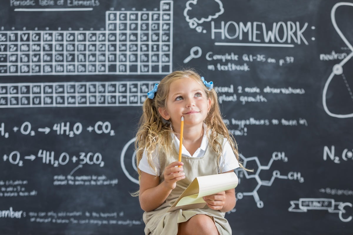 Girl looking up thinking in front of chalk board