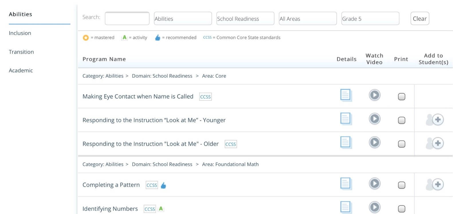 RethinkEd lesson library by Program, Abilities, School Readiness, Areas, Grade