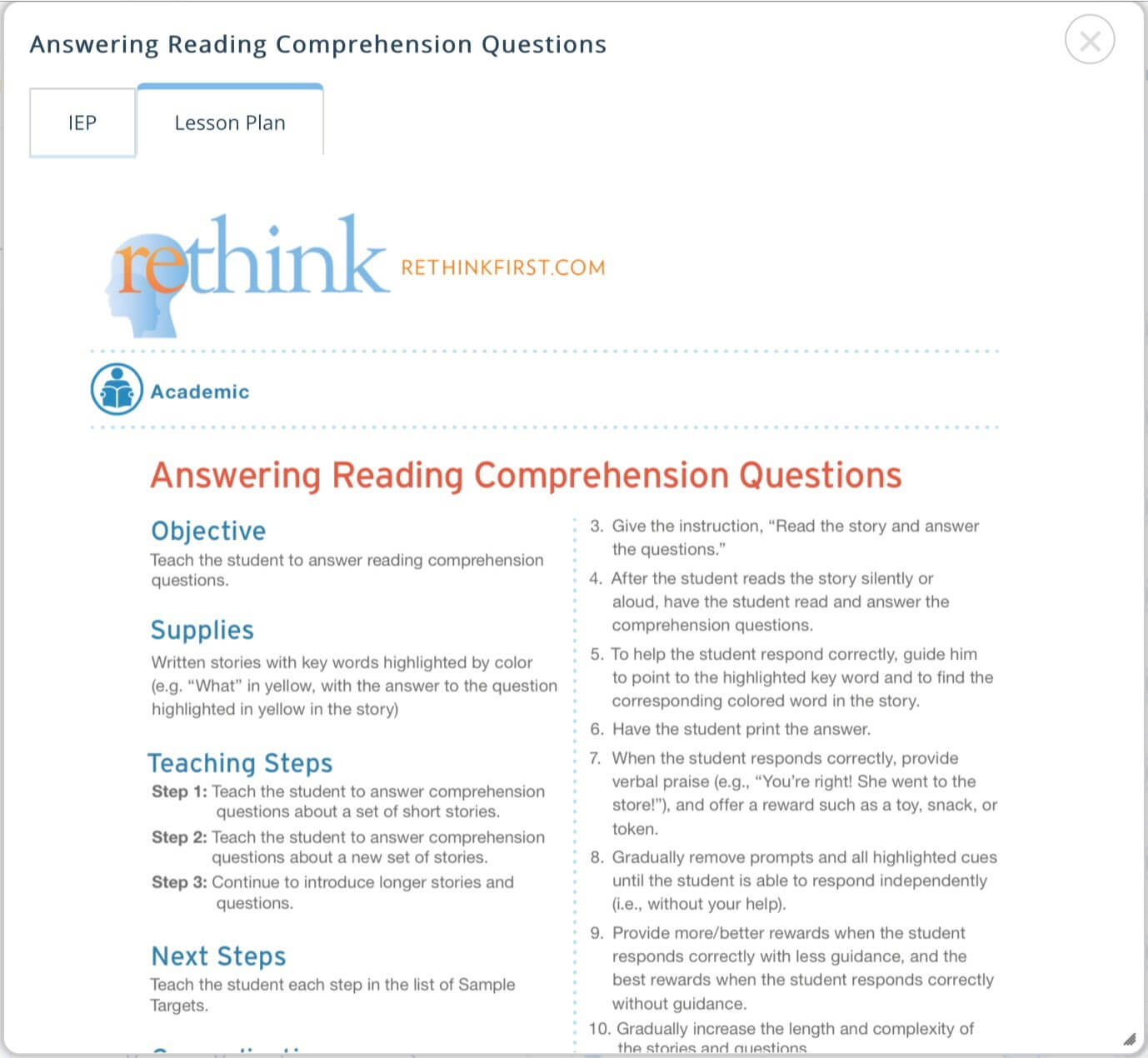 RethinkEd lesson library lesson plan on answering reading comprehension questions