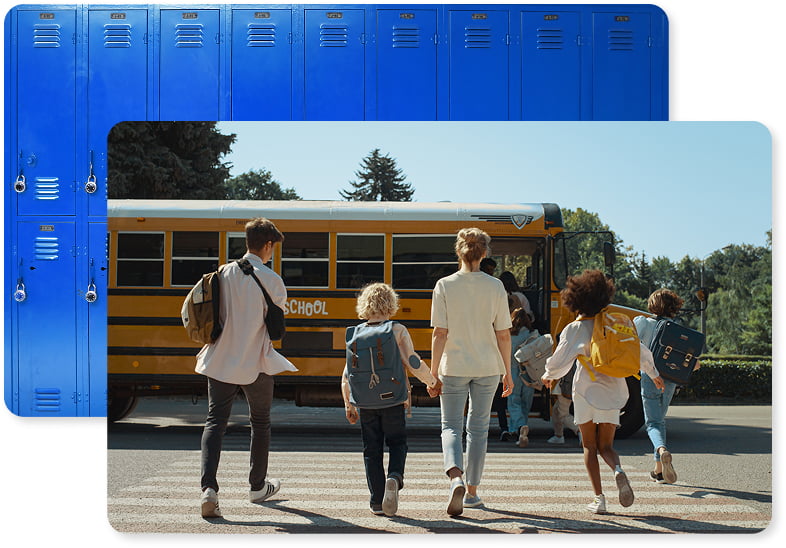 overlapping images of blue lockers and parents walking children to school bus